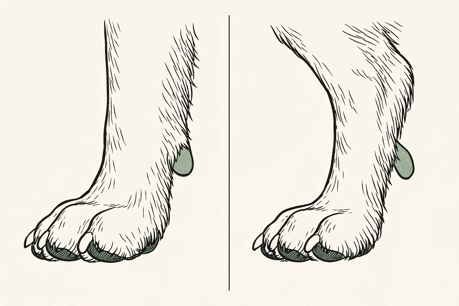 Diagram comparing a bone-attached front dew claw to a skin-attached rear dew claw