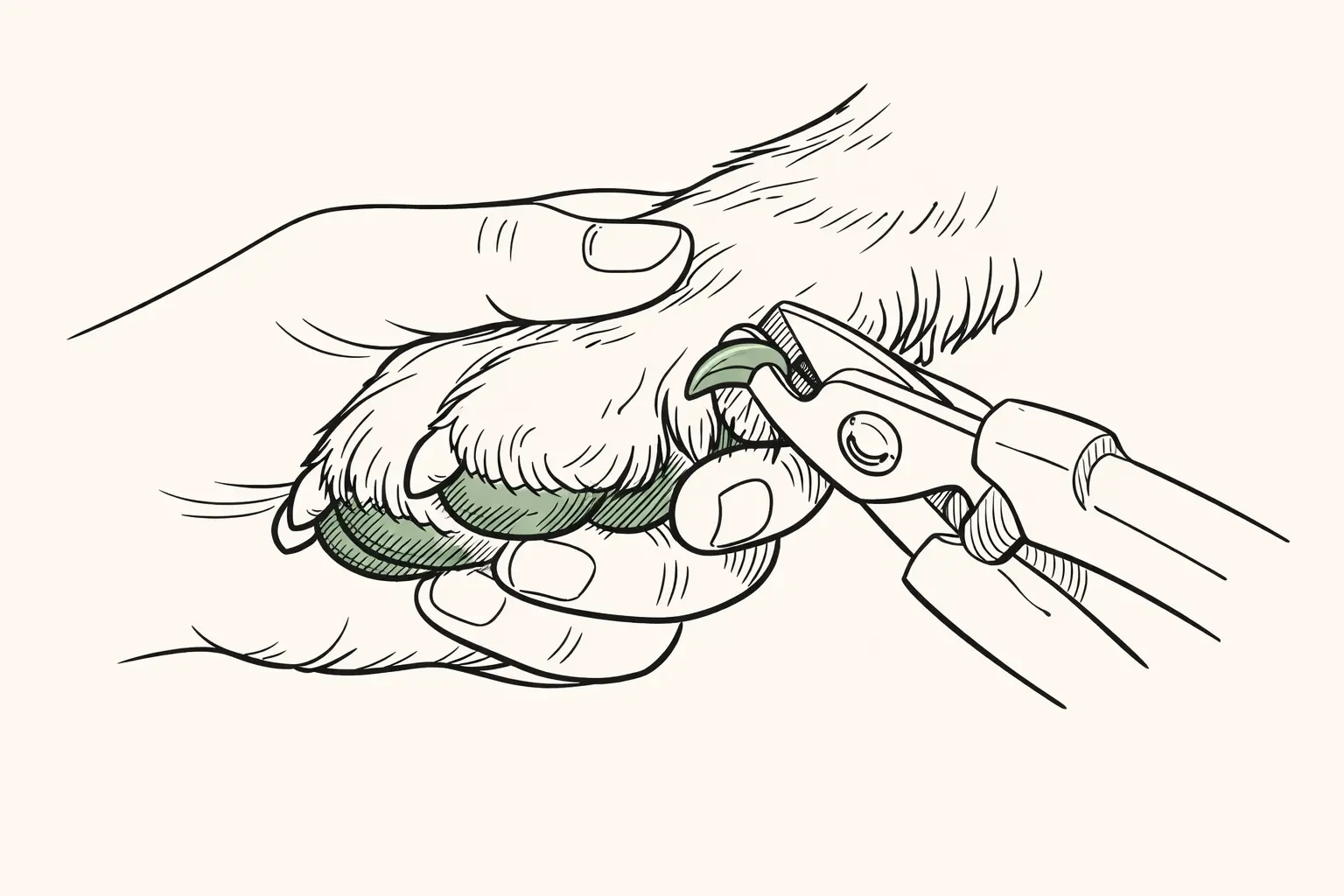 Illustration showing the correct technique for trimming a dog's dew claw
