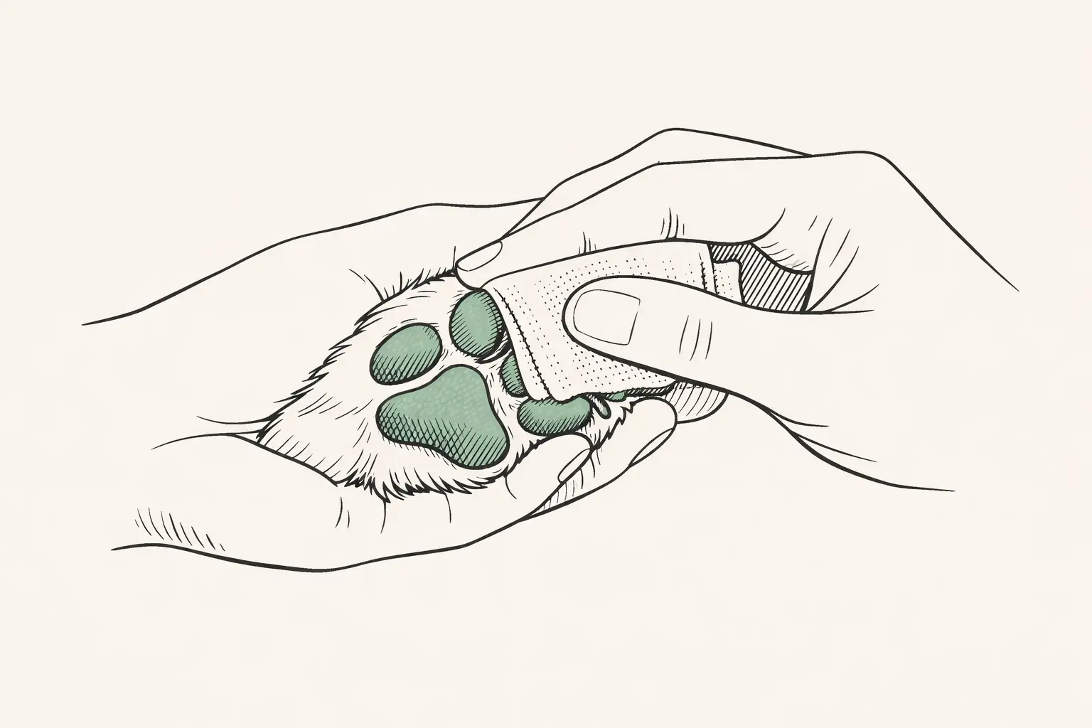 Illustration showing how to apply first aid pressure to a dog's injured dew claw