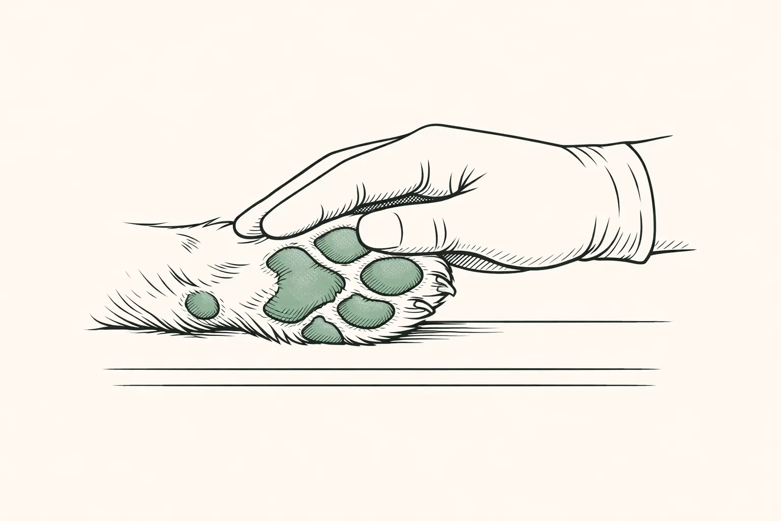 Illustration of a calm veterinary exam of a dog's injured paw